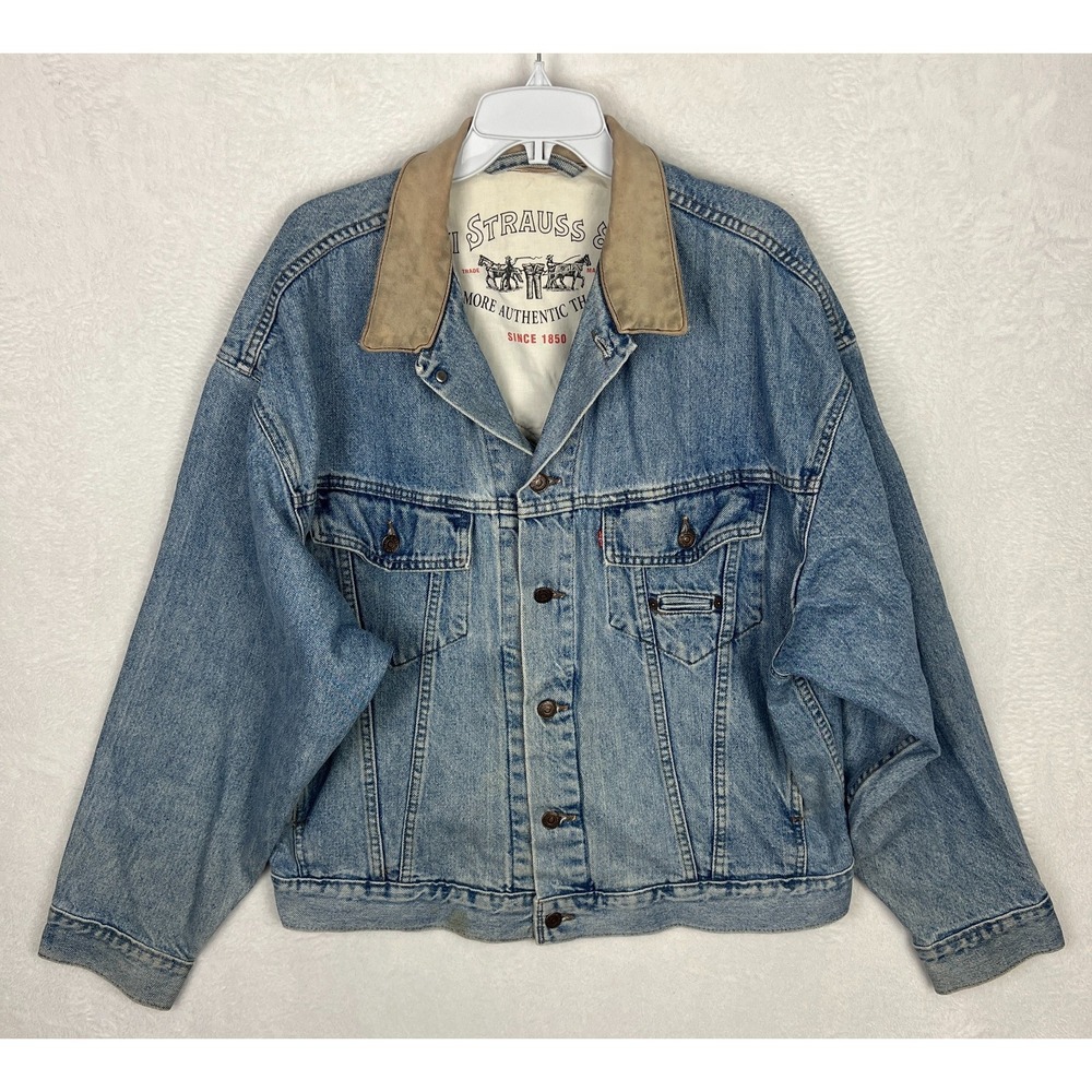Vintage Levis Denim Trucker Jacket Mens Large Jean 90s Canada Blue Leather VTG
